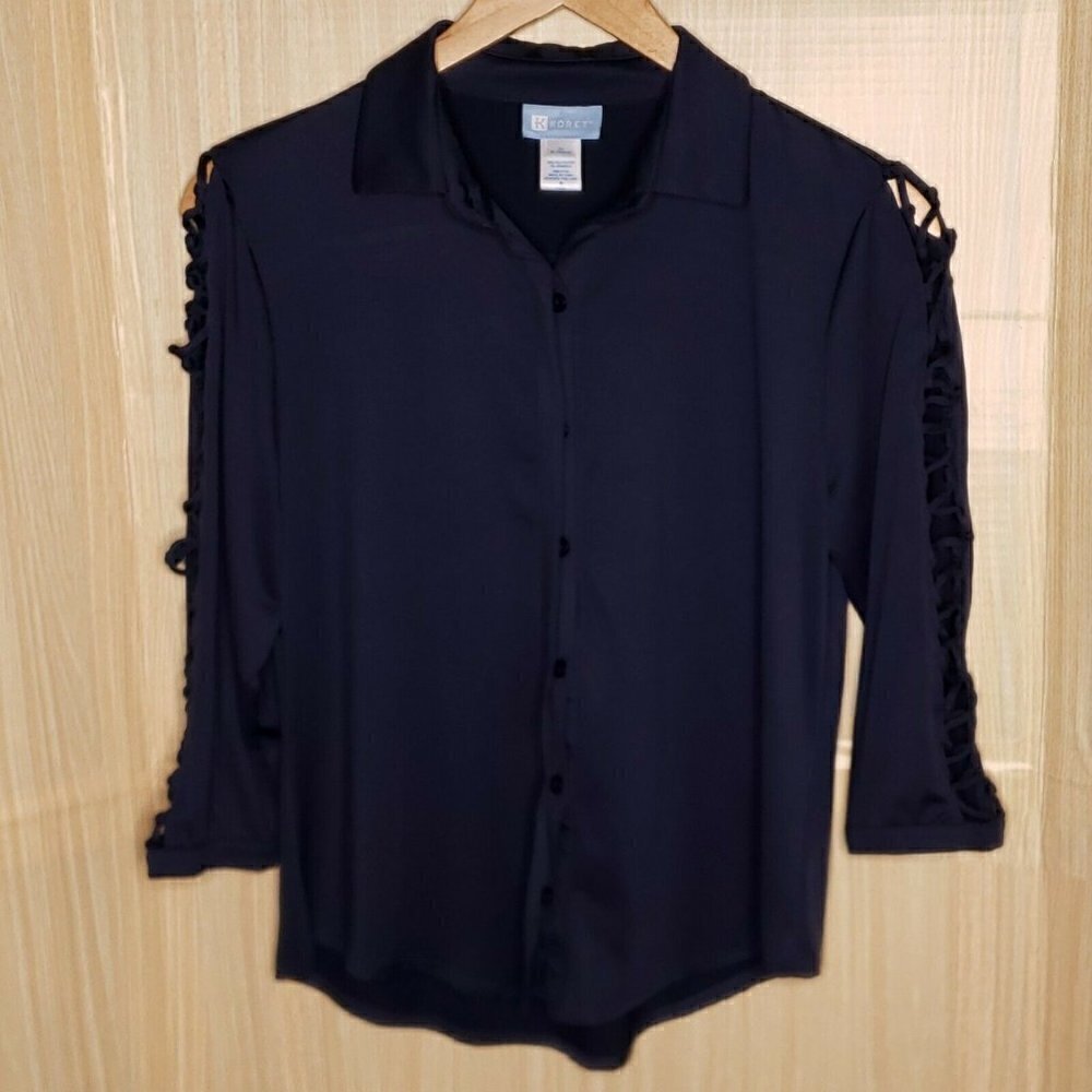 Koret Womens Blue Button Front Shirt With Cutout Sleeve Detail Medium